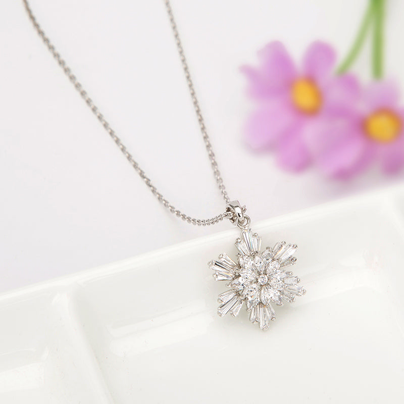 Sparkling Snowflake Pendant Necklace – Silver Tone with CZ Crystals-N-2