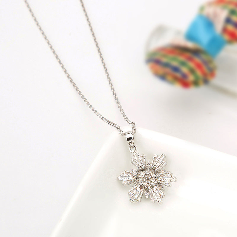 Sparkling Snowflake Pendant Necklace – Silver Tone with CZ Crystals-N-2
