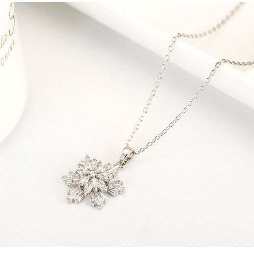 Sparkling Snowflake Pendant Necklace – Silver Tone with CZ Crystals-N-2