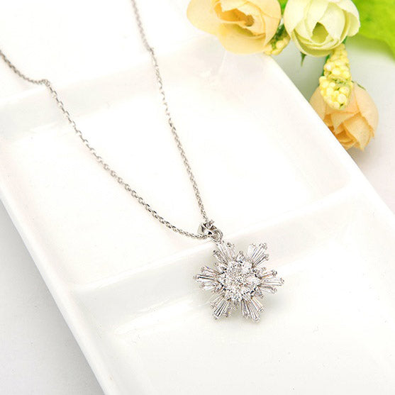 Sparkling Snowflake Pendant Necklace – Silver Tone with CZ Crystals-N-2