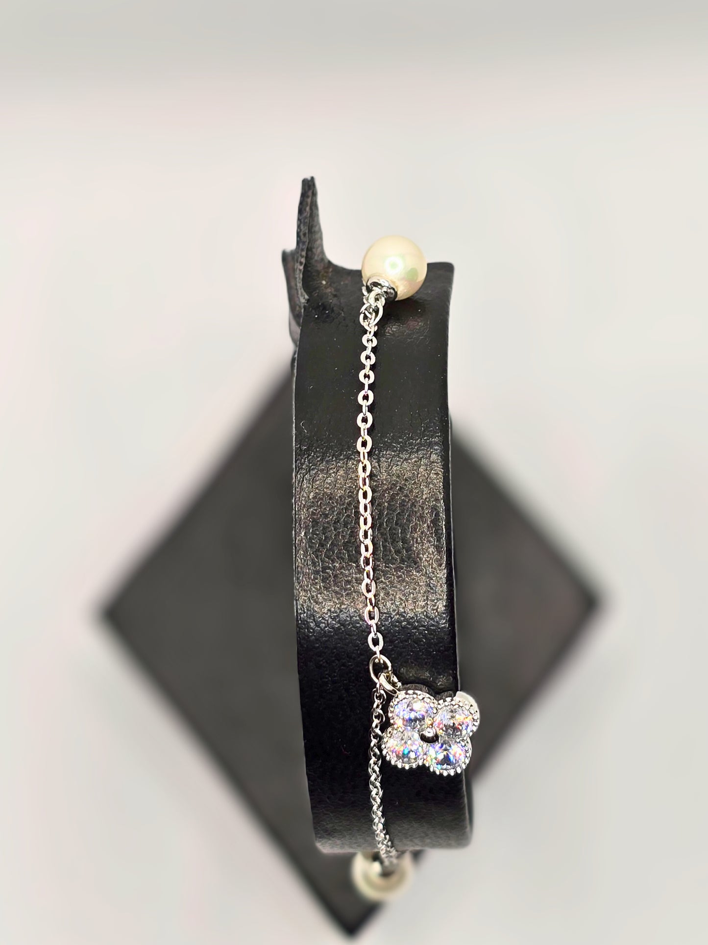 Delicate Silver-Tone Bracelet with Floral Charm & Pearl Accents-BT10
