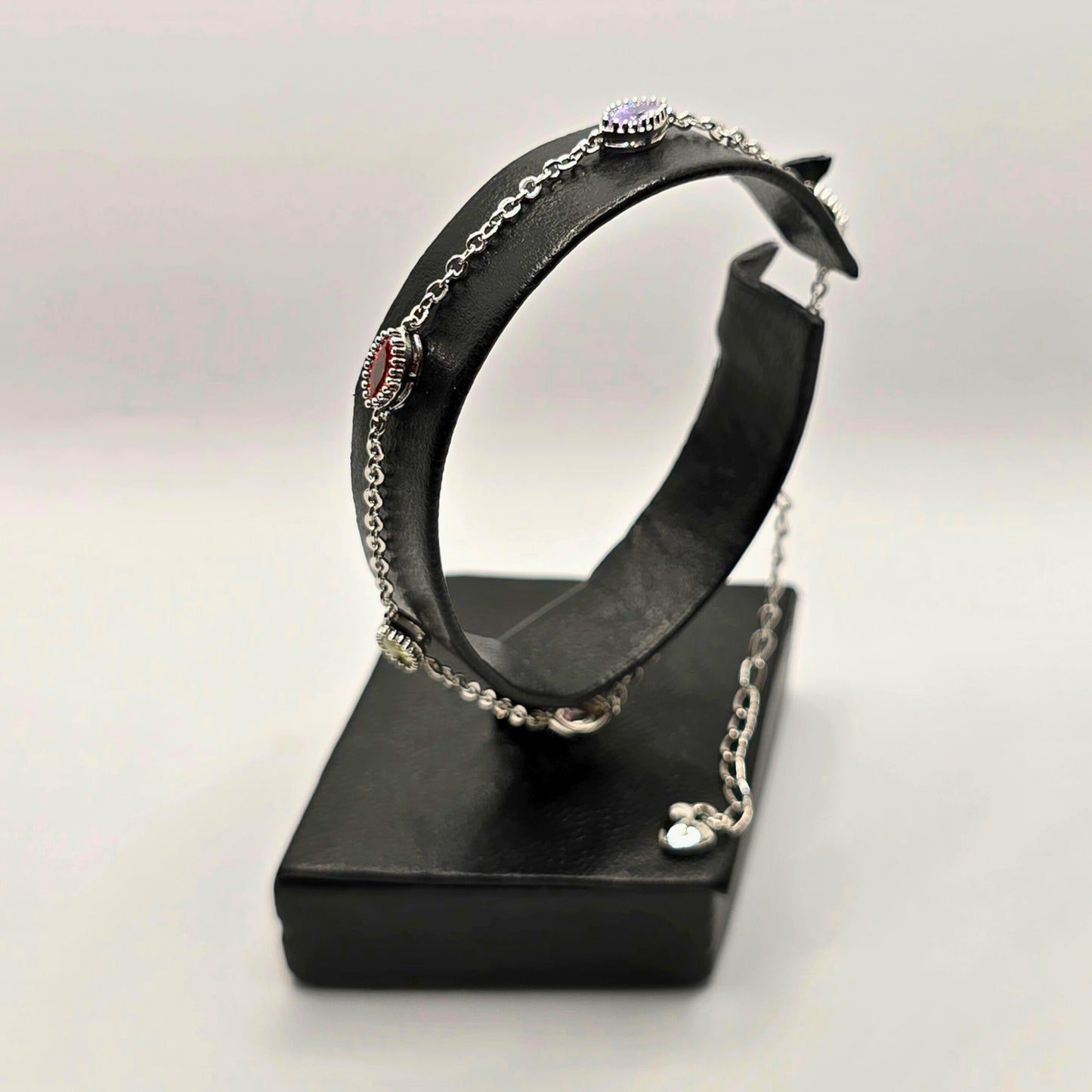 Silver-Tone Chain Bracelet with Multicolor Gem Accents-BT13