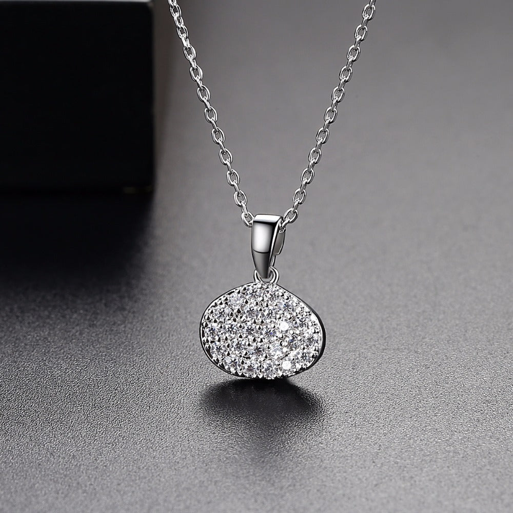Elegant Shell-Shaped Pendant Necklace - Silver Tone with Tiny CZ Crystals-N1