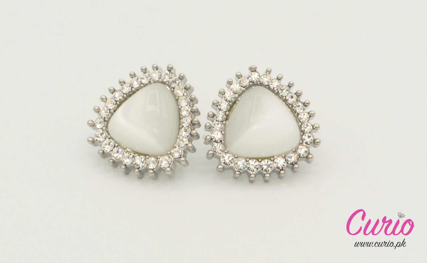 Silver-Tone Triangle Stud Earrings with White Stone & Crystal Halo-T4