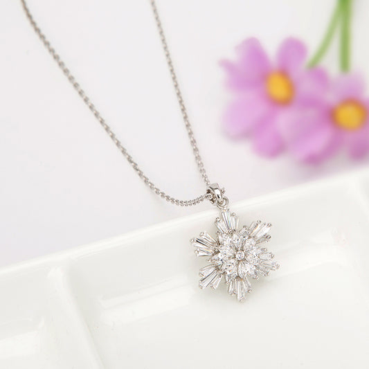 Sparkling Snowflake Pendant Necklace – Silver Tone with CZ Crystals-N-2