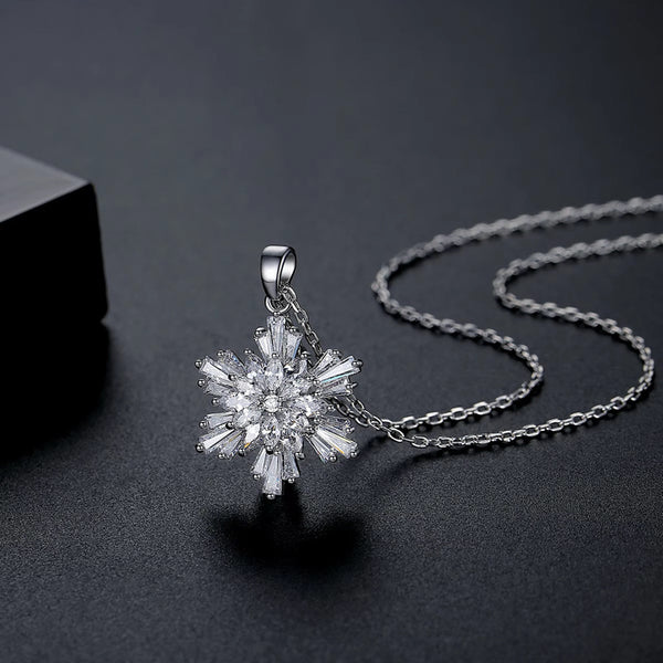 Sparkling Snowflake Pendant Necklace – Silver Tone with CZ Crystals-N-2