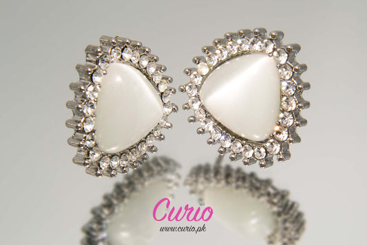 Silver-Tone Triangle Stud Earrings with White Stone & Crystal Halo-T4
