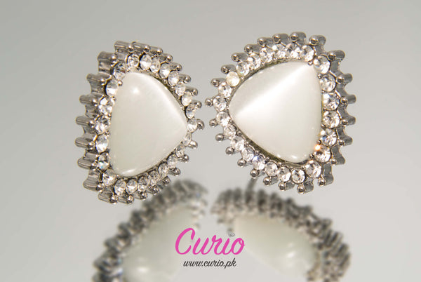Silver-Tone Triangle Stud Earrings with White Stone & Crystal Halo-T4