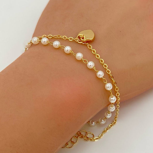 Pearl Heart Double Layer Gold Bracelet - BT23