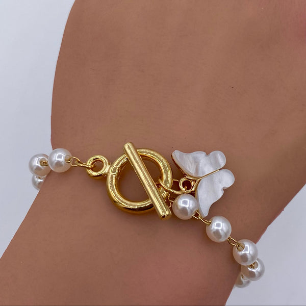 Elegant Pearl Butterfly Charm Bracelet-BT26