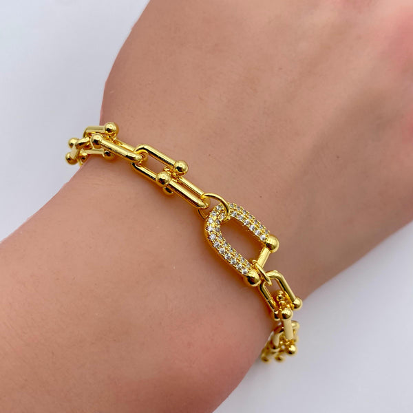 Golden Luxe Link Bracelet with Crystal Accent-BT27