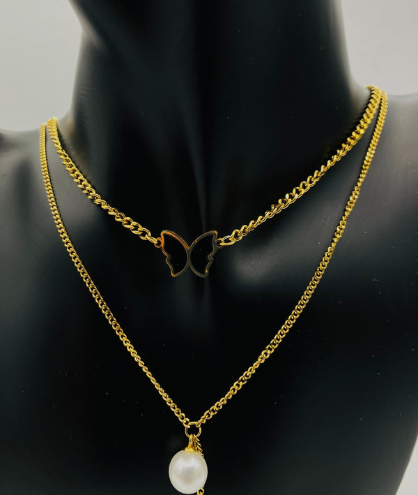 Butterfly & Pearl Dual-Layer Necklace - N3