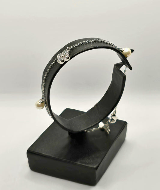 Delicate Silver-Tone Bracelet with Floral Charm & Pearl Accents-BT10