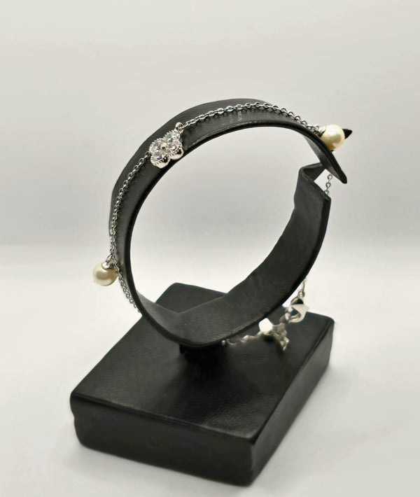 Delicate Silver-Tone Bracelet with Floral Charm & Pearl Accents-BT10